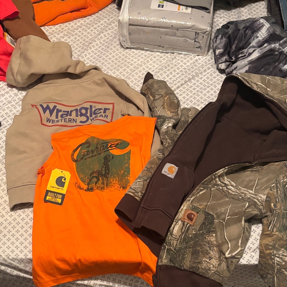 Carhartt Kids' Brown and Camouflage Hoodie with Orange Tee size 4/5